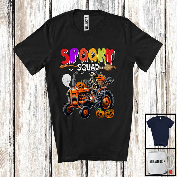 MacnyStore - Spooky Squad; Horror Halloween Skeleton Driving Tractor; Boo Pumpkin Candy Tractor Driver T-Shirt