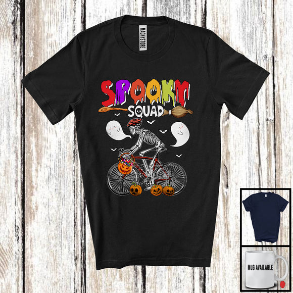 MacnyStore - Spooky Squad; Horror Halloween Skeleton Riding Bicycle; Boo Pumpkin Candy Bicycle Biker T-Shirt