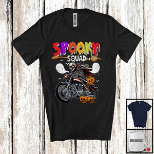 MacnyStore - Spooky Squad; Horror Halloween Skeleton Riding Motorbike; Boo Pumpkin Candy Motorbike Biker T-Shirt