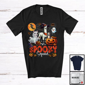 MacnyStore - Spooky Squad, Scary Halloween Costume Three Witch Boo Ghost Llama, Pumpkin Animal Lover T-Shirt