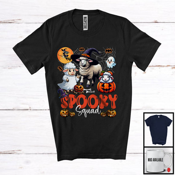 MacnyStore - Spooky Squad, Scary Halloween Costume Three Witch Boo Ghost Sheep, Pumpkin Animal Farmer T-Shirt