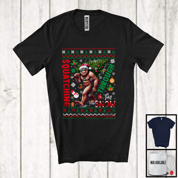 MacnyStore - Squatching Through The Snow; Sarcastic Christmas Sweater Santa Bigfoot; X-mas Tree Snow T-Shirt