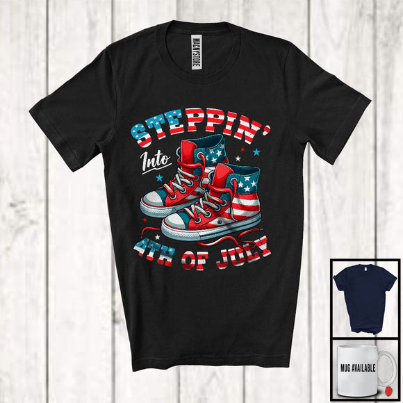 MacnyStore - Steppin' Into 4th Of July, Humorous Independence Day American Flag Shoes, Patriotic Group T-Shirt