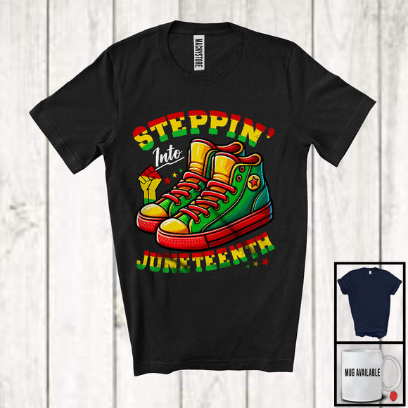 MacnyStore - Steppin' Into Juneteenth, Humorous Black History Afro Flag Shoes, African American Pride T-Shirt