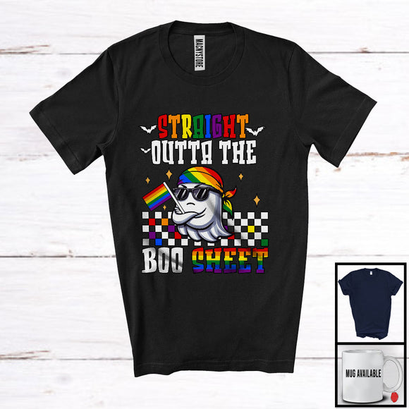 MacnyStore - Straight Outta The Boo Sheet; Humorous Halloween Rainbow Flag Ghost Sunglasses; Gay LGBTQ T-Shirt