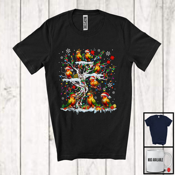 MacnyStore - Sun Conure On Christmas Tree; Adorable X-mas Lights Santa Sun Conure Bird; Snowing Family Group T-Shirt