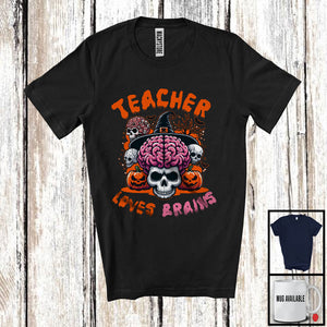 MacnyStore - Teacher Loves Brains; Horror Halloween Costume Skull Brain Pumpkin Zombie; Teacher Group T-Shirt