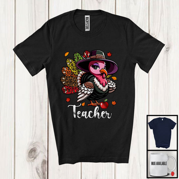 MacnyStore - Teacher; Amazing Thanksgiving Leopard Turkey Girl Women; Proud Jobs Family Group T-Shirt