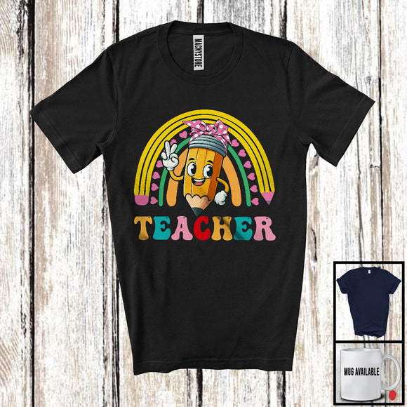MacnyStore - Teacher, Lovely Pencil Rainbow Lover, School Teaching Lover Matching Teacher Team T-Shirt