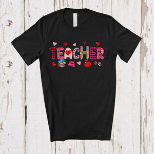 MacnyStore - Teacher; Lovely Valentine's Day Leopard Plaid Hearts; Proud Jobs Careers Family Group T-Shirt