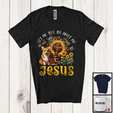 MacnyStore - Tell You About My Jesus, Adorable Corgi Owner Lover, Leopard Sunflowers Cross Butterflies T-Shirt