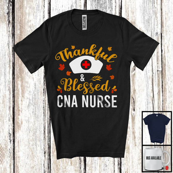 MacnyStore - Thankful And Blessed CNA Nurse; Wonderful Thanksgiving Nurse Hat Fall Leaf; Matching Nursing T-Shirt