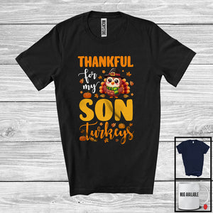 MacnyStore - Thankful For My Son Turkeys; Wonderful Thanksgiving Turkey Fall Leaves; Family Group T-Shirt