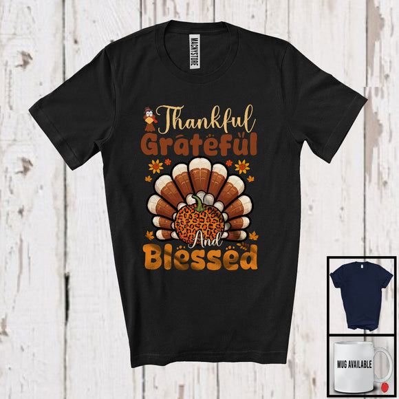 MacnyStore - Thankful Grateful And Blessed, Adorable Thanksgiving Leopard Pumpkin, Turkey Butt Fall Leaves T-Shirt