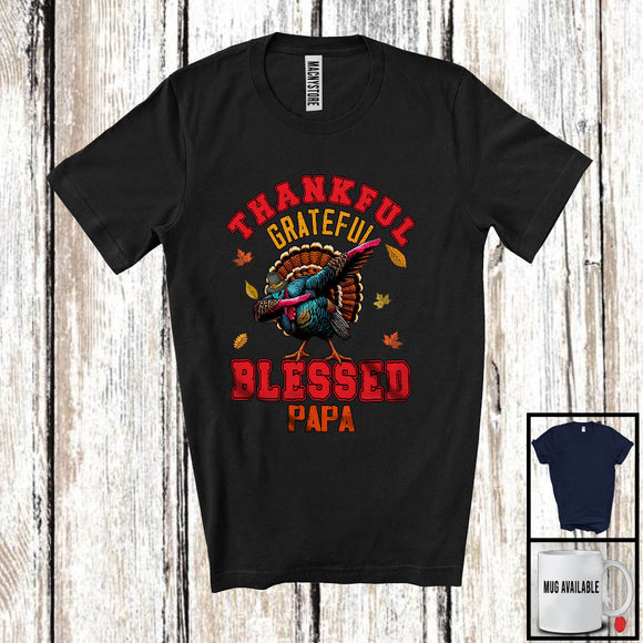 MacnyStore - Thankful Grateful Blessed Papa; Amazing Thanksgiving Dabbing Turkey; Fall Leaves Family T-Shirt