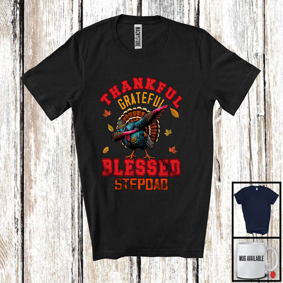 MacnyStore - Thankful Grateful Blessed Stepdad; Amazing Thanksgiving Dabbing Turkey; Fall Leaves Family T-Shirt