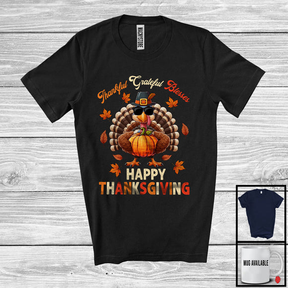 MacnyStore - Thankful Grateful Blessed; Happy Thanksgiving Turkey Sunglasses; Fall Leaves Plaid Pumpkin T-Shirt