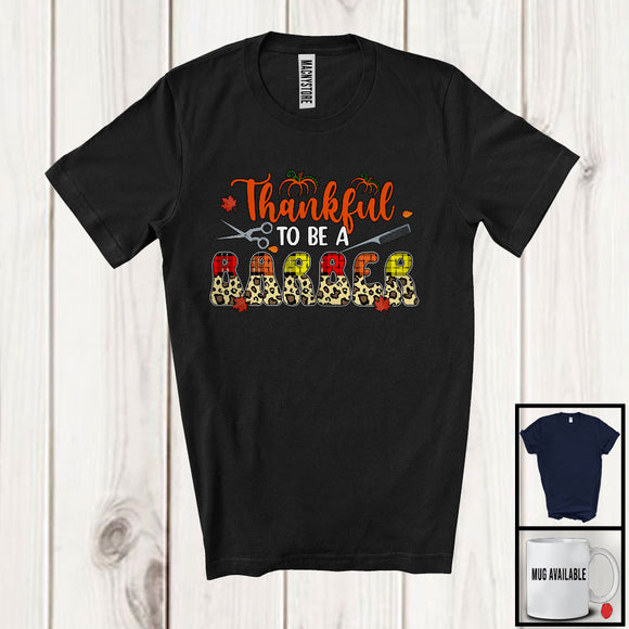 MacnyStore - Thankful To Be A Barber; Proud Thanksgiving Leopard Plaid Barber; Autumn Leaves Family T-Shirt