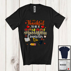 MacnyStore - Thankful To Be A School Counselor; Proud Thanksgiving Leopard Plaid School Counselor; Fall Leaves Family T-Shirt