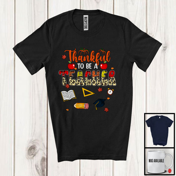 MacnyStore - Thankful To Be A Teacher; Proud Thanksgiving Leopard Plaid Teacher; Fall Leaves Family T-Shirt