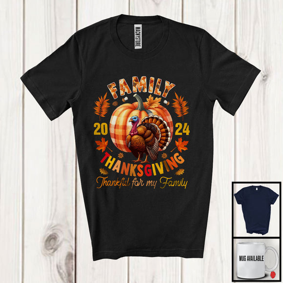 MacnyStore - Thanksgiving 2024 Thankful For My Family; Lovely Plaid Pumpkin Turkey; Autumn Family T-Shirt