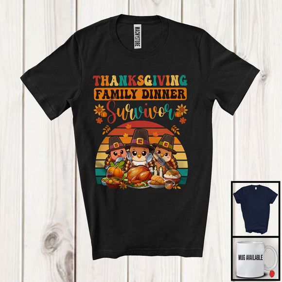 MacnyStore - Thanksgiving Family Dinner Survivor, Lovely Three Turkeys Eating, Retro Pumpkin Family Group T-Shirt