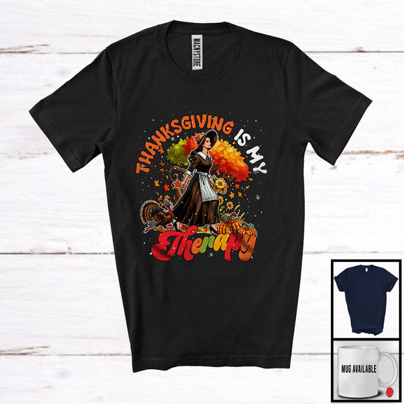 MacnyStore - Thanksgiving Is My Therapy; Humorous Thanksgiving Autumn Tree Girl; Women Friends Family Group T-Shirt