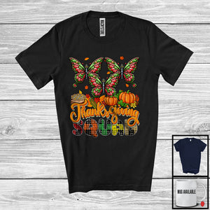 MacnyStore - Thanksgiving Squad; Adorable Plaid Pumpkin Fall Leaf Three Pilgrim Butterflies; Wild Animal Lover T-Shirt