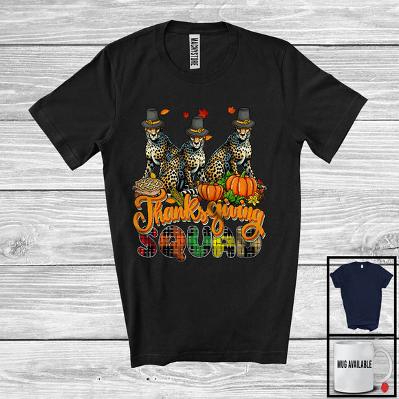 MacnyStore - Thanksgiving Squad; Adorable Plaid Pumpkin Fall Leaf Three Pilgrim Cheetahs; Wild Animal Lover T-Shirt