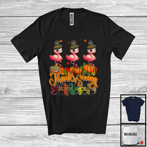 MacnyStore - Thanksgiving Squad; Adorable Plaid Pumpkin Fall Leaf Three Pilgrim Flamingos; Wild Animal Lover T-Shirt