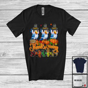 MacnyStore - Thanksgiving Squad; Adorable Plaid Pumpkin Fall Leaf Three Pilgrim Macaws; Wild Animal Lover T-Shirt