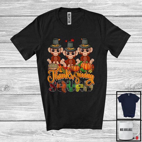 MacnyStore - Thanksgiving Squad; Adorable Plaid Pumpkin Fall Leaf Three Pilgrim Monkeys, Animal Lover T-Shirt