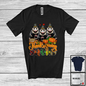 MacnyStore - Thanksgiving Squad; Adorable Plaid Pumpkin Fall Leaf Three Pilgrim Opossums; Wild Animal Lover T-Shirt