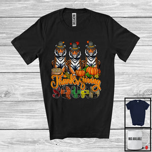 MacnyStore - Thanksgiving Squad; Adorable Plaid Pumpkin Fall Leaf Three Pilgrim Tigers; Wild Animal Lover T-Shirt