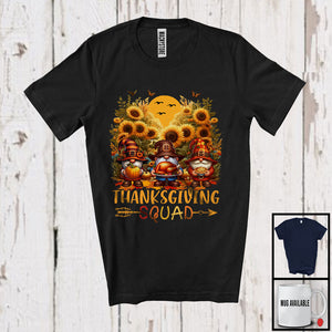 MacnyStore - Thanksgiving Squad, Adorable Three Gnomes With Sunflower, Fall Leaves Pumpkin Lover T-Shirt