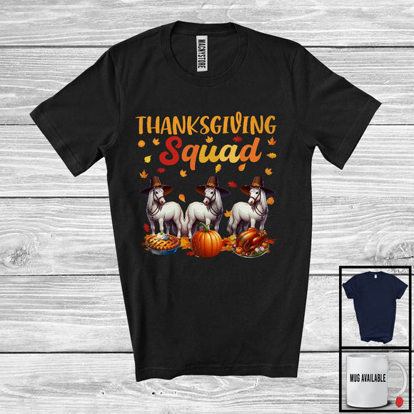 MacnyStore - Thanksgiving Squad, Adorable Three Pilgrim Horses Farmer, Pumpkin Pie Fall Leaves T-Shirt