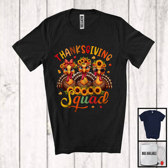 MacnyStore - Thanksgiving Squad; Adorable Three Turkeys Sunflowers Autumn Leaves; Friends Family Group T-Shirt