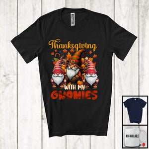 MacnyStore - Thanksgiving With My Gnomies, Adorable Thanksgiving Three Gnomes Squad, Fall Leaves Pumpkin T-Shirt