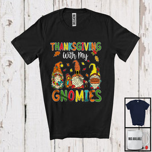 MacnyStore - Thanksgiving With My Gnomies, Adorable Three Gnomes Squad, Autumn Leaves Family Group T-Shirt