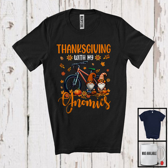 MacnyStore - Thanksgiving With My Gnomies, Lovely Gnomes Riding Bicycle Driver, Fall Leaves Pumpkin T-Shirt