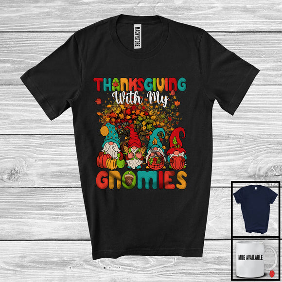 MacnyStore - Thanksgiving With My Gnomies, Lovely Group Of Four Gnomes, Fall Leaves Tree Pumpkins T-Shirt