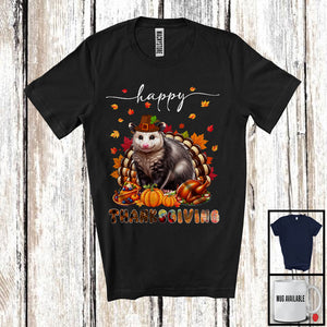 MacnyStore - Thanksgiving; Lovely Fall Pumpkin Turkey Opossum Wild Animal Plaid; Dinner Family Group T-Shirt