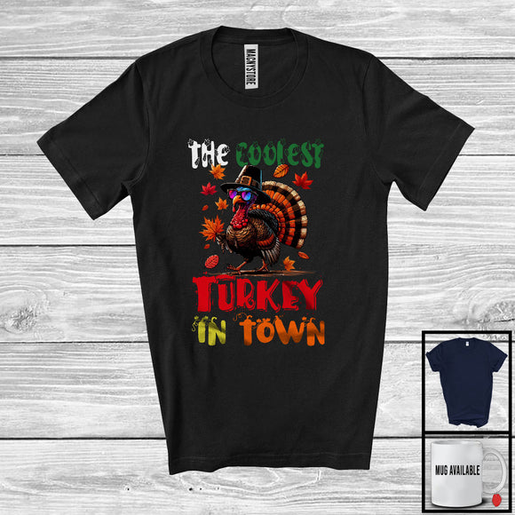 MacnyStore - The Coolest Turkey In Town, Humorous Thanksgiving Turkey Wearing Sunglasses, Fall Leaves T-Shirt