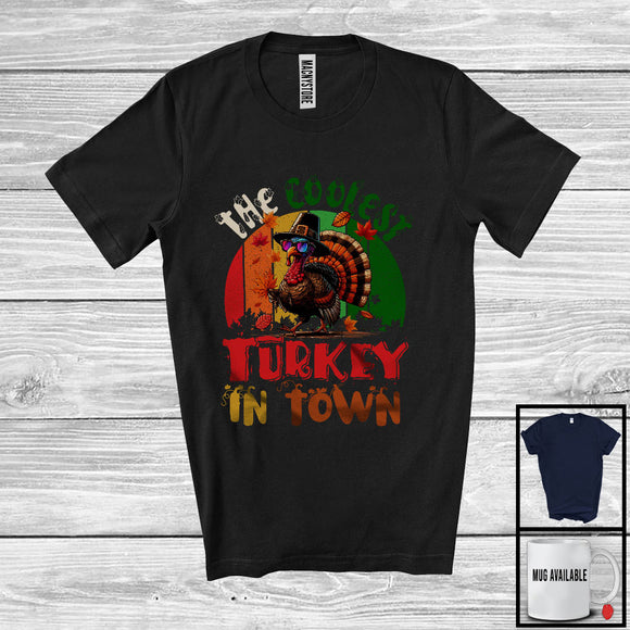 MacnyStore - The Coolest Turkey In Town, Humorous Thanksgiving Turkey Wearing Sunglasses, Vintage Retro T-Shirt
