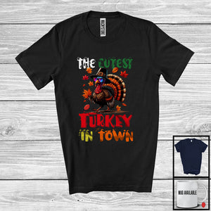 MacnyStore - The Cutest Turkey In Town, Humorous Thanksgiving Turkey Wearing Sunglasses, Fall Leaves T-Shirt