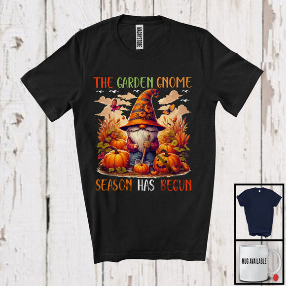 MacnyStore - The Garden Gnome Season Has Begun, Humorous Thanksgiving Gnome With Pumpkin, Farmer T-Shirt