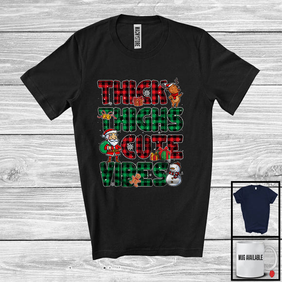 MacnyStore - Thick Thighs Cute Vibes, Adorable Christmas Red Green Plaid Santa Reindeer Snowman, Family T-Shirt