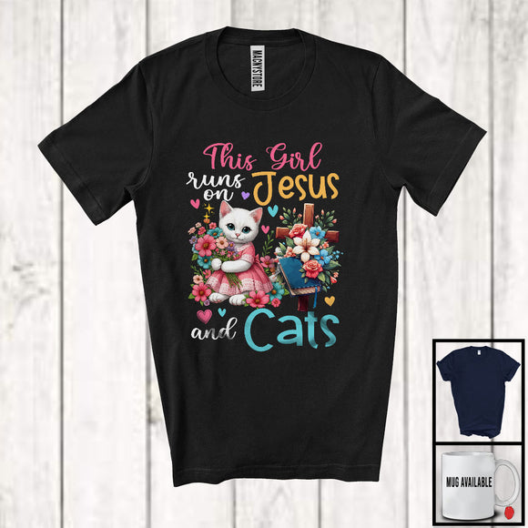 MacnyStore - This Girl Runs On Jesus And Cats, Adorable Flowers Matching Cat Lover, Family Group T-Shirt