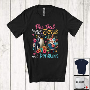 MacnyStore - This Girl Runs On Jesus And Penguins, Adorable Flowers Matching Bird Lover, Family Group T-Shirt