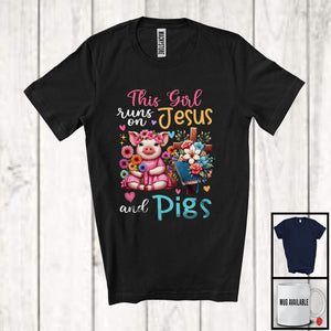 MacnyStore - This Girl Runs On Jesus And Pigs, Adorable Flowers Matching Farmer Lover, Family Group T-Shirt